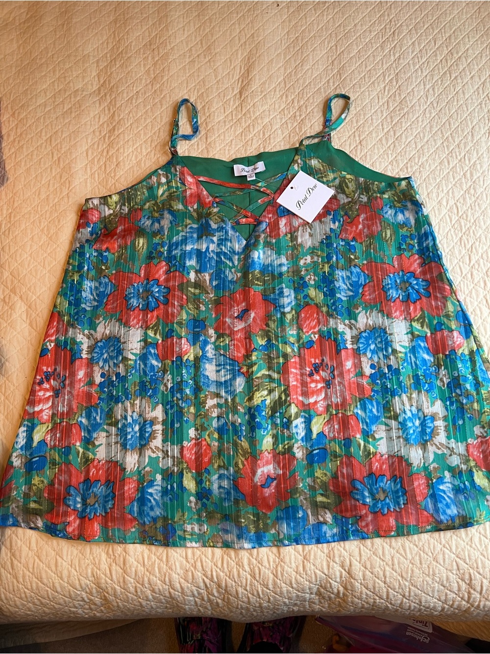 Pleione Green Floral Pleated Camisole with Red & Blue Blooms